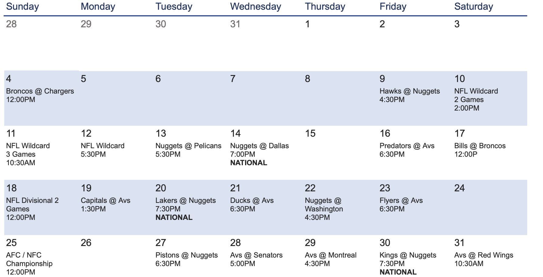 KNFO January Sports Schedule