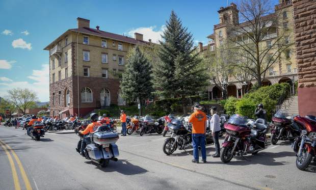 Riders with the Kyle Petty Charity Ride pull in front of the Hotel Colorado Sunday afternoon in Glenwood Springs. 150 motorcycles are making the 3,700 miles journey from Seattle, Wash., to Key Largo, Fla., to raise money for Victory Junction.