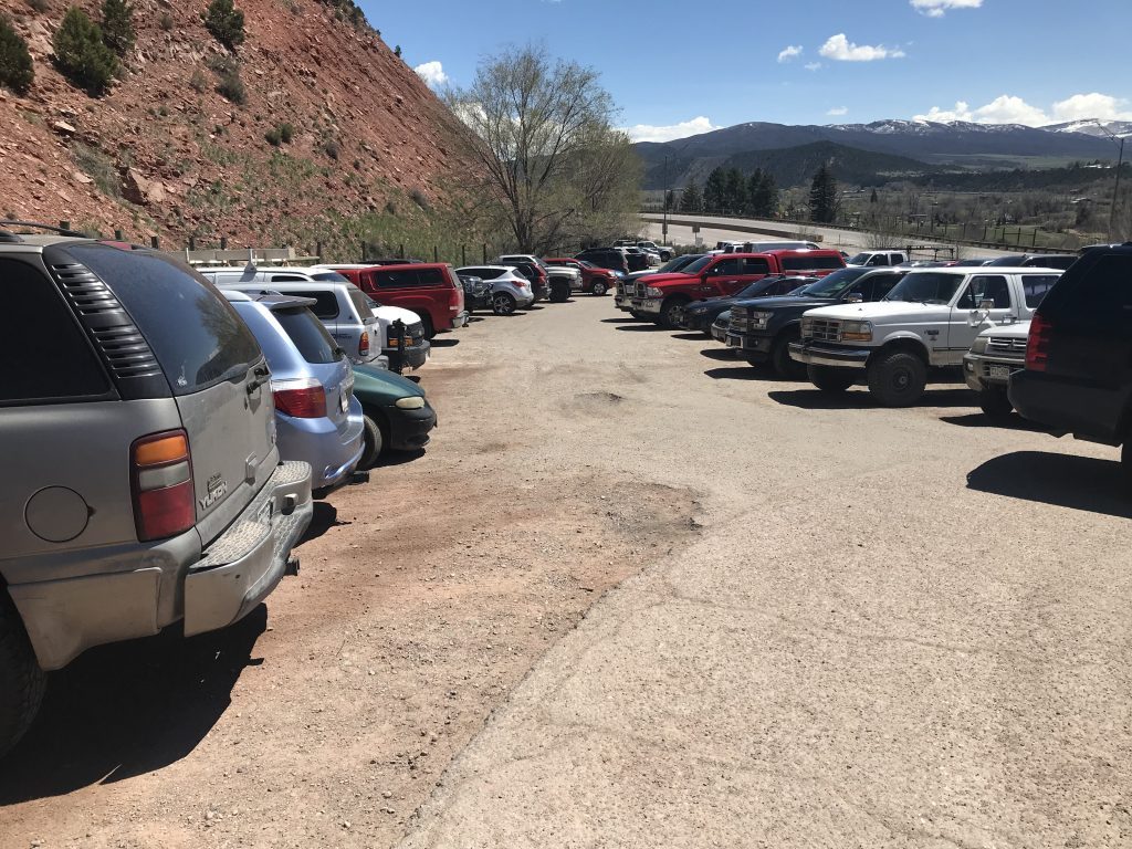 The parking lot at the base of Red Hill hike trailhead is frequently overcrowded. Photo: Garfield County Sheriff's Department