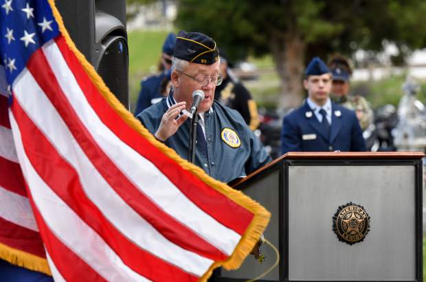 American Legion member Dan LeVan gives the Memorial Day address during the 2019 Memorial Day Ceremony held at Rosebud Cemetery in Glenwood Springs on Monday.